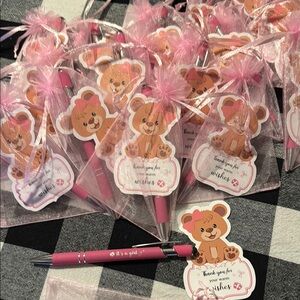 Pink Favor Bags with Teddy Bear Tags and Sheer Fabric